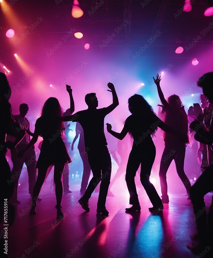 silhouettes of people dancing at a crowded party at midnight, colorful lights and smoke at background
