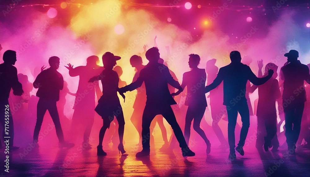 silhouettes of people dancing at a crowded party at midnight, colorful lights and smoke at background
