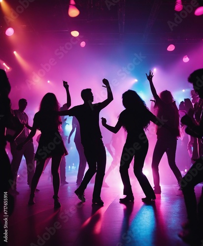 silhouettes of people dancing at a crowded party at midnight, colorful lights and smoke at background 