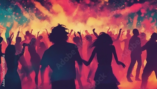 silhouettes of people dancing at a crowded party at midnight, colorful lights and smoke at background 