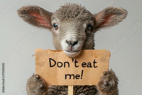A charming young lamb gazes at the camera while holding a cardboard sign with the handwritten plea Dont eat me displayed prominently.