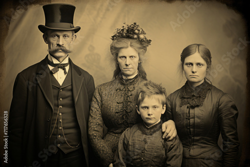 A family photographed in sepia tones stands in front of a barn, in the style of 19th century style, vintage retro style Sepia-Toned Vintage Family Portrait photo