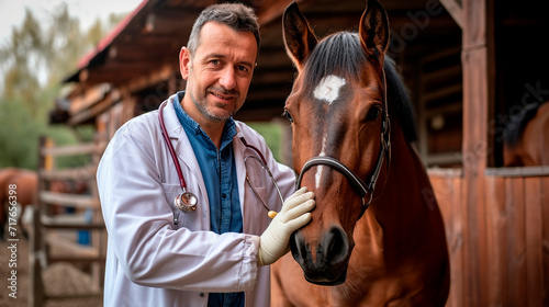 Veterinarian at a horse farm. Selective focus. photo