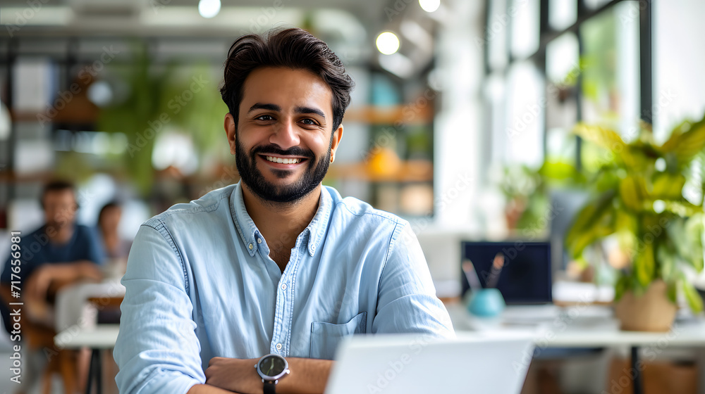 Fototapeta premium A cheerful and prosperous businessman is depicted in this portrait, grinning and gazing at the camera. He seems pleased with his accomplishments. The man is working on a laptop inside an office buildi