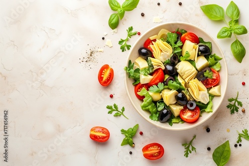 a top view on a bowl with colorful healthy salad with artichokes, tomatoes, lettuce, broccoli, olives and herbs on a beige colored concrete background, copy space for text