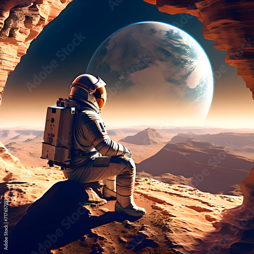 Lonely astronaut, stranded on Mars. A captivating image of isolation against the barren beauty of the red planet's landscape.
