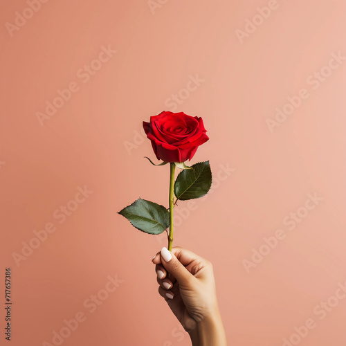 Woman hands holding red rose for Happiness moment, Love, couple, Anniversary, Valentine's day, Give and love  concept, Generative AI. #717657386