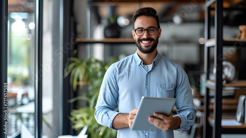 A cheerful young Latino entrepreneur uses a tablet while standing in his office at work. Using a tab computer to manage financial banking or marketing data  a contented male executive manager