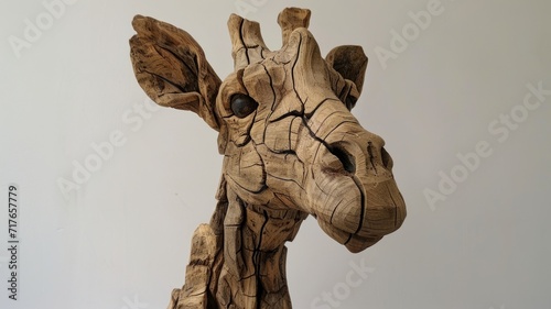 A giraffe sculpture carved from wood. Wooden art object of an animal with many age cracks in the wood photo