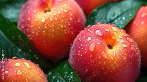fresh peaches with water drops background.