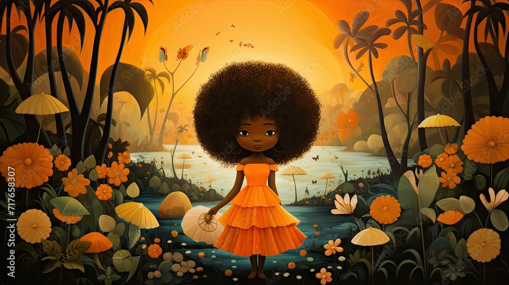 Whimsical illustration of a girl in an orange dress standing in a magical forest at sunset with vibrant flora and fauna.
