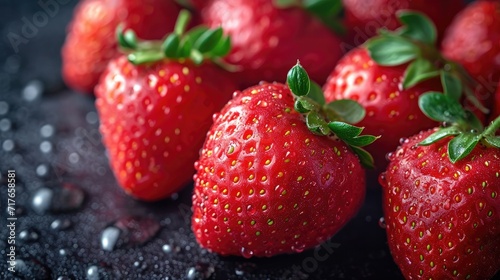 Strawberries background. Red strawberries arranged in a visually pleasing manner  with sparkling water droplets for a tempting appearance  full of frame  fresh vibe.