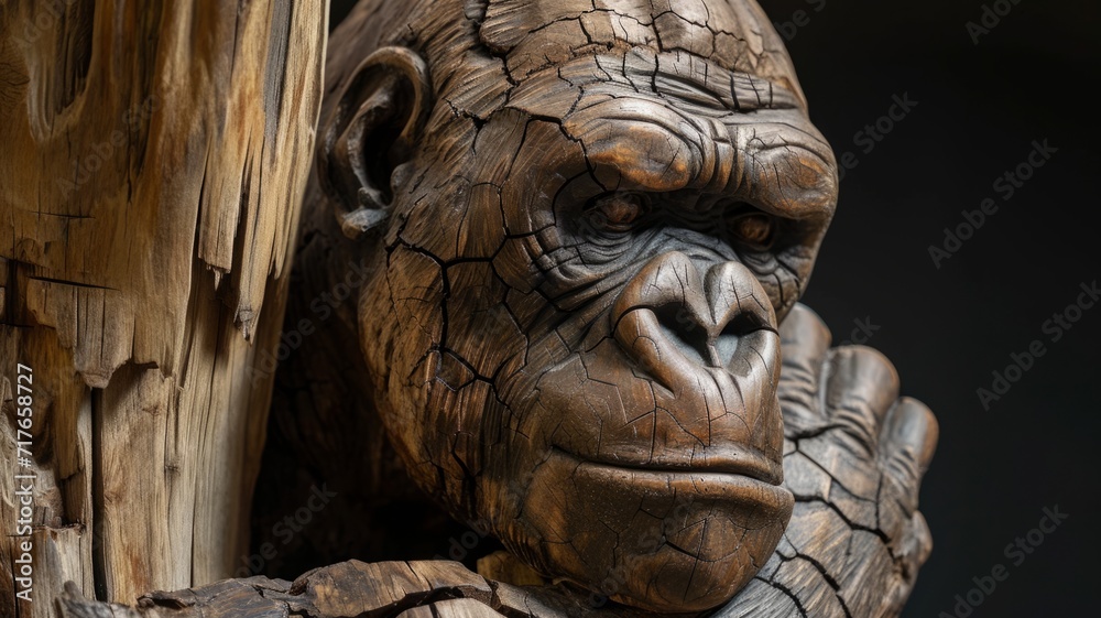 A gorilla sculpture carved from wood. Wooden art object of an animal with many age cracks in the wood A gorilla sculpture carved from wood. Wooden art object of an animal with many age cracks in the wood