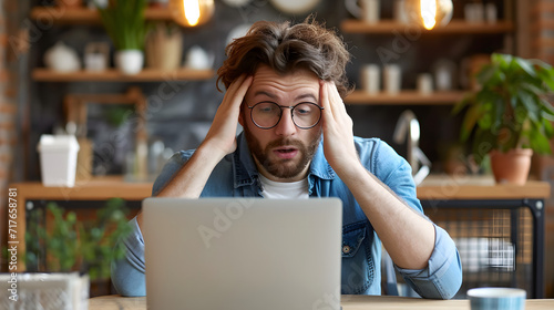 A disgruntled young Caucasian guy worker wearing spectacles stares at his laptop screen, stunned by a malfunction or other issues with the device. A frustrated man was taken aback by an unexpected com photo