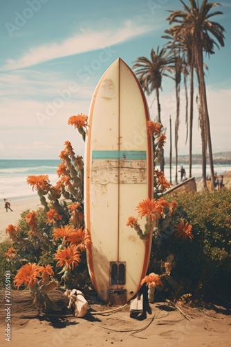 Surfboard art on the ocean beach with flowers and plants, instant camera look retro style. Summer coastal vibes © troyanphoto