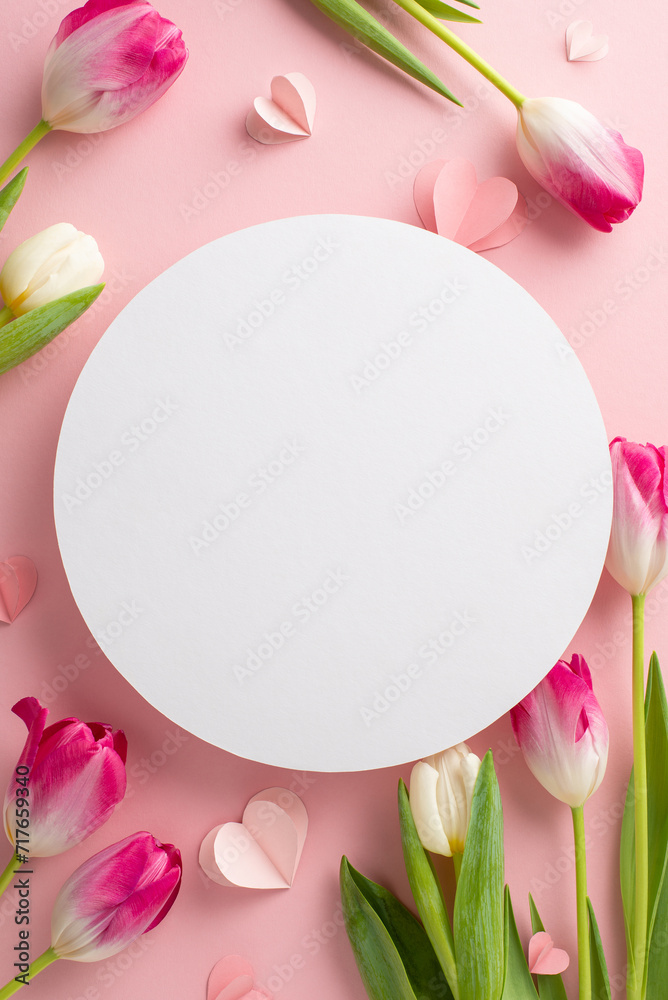 Blossoming love: Vertical top view stunning array of tulips and heart embellishments on pastel pink backdrop. Personalize empty circle with sentimental messages or add promotional content effortlessly