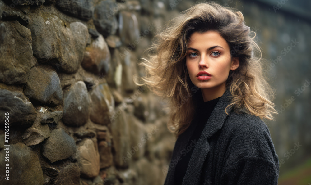 Mysterious Woman Leaning Against Ancient Stone Wall, Her Windswept Hair and Dark Coat Merging with the Mood Mysterious Woman Leaning Against Ancient Stone Wall, Her Windswept Hair and Dark Coat Merging with the Mood