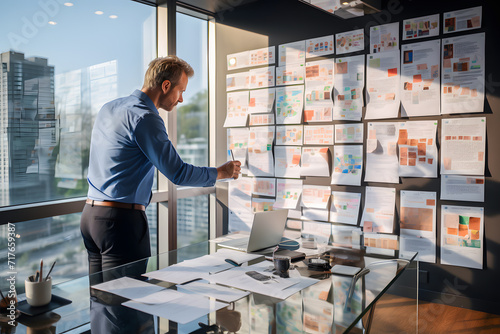 Businessman Analyzing Project on Office Wall Boards. 
A focused businessman reviews complex project plans displayed on wall-mounted boards in a well-lit modern office. generative ai photo