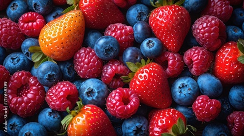 Mix of berries such as strawberries, blueberries, and raspberries arranged artfully for a burst of color background.