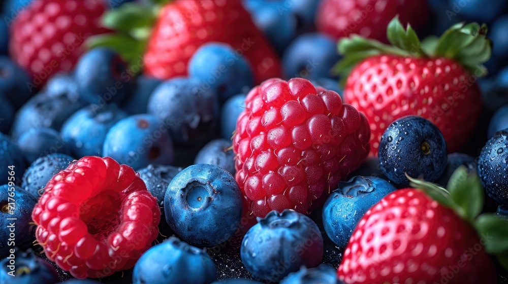 Mix of berries such as strawberries, blueberries, and raspberries arranged artfully for a burst of color background.