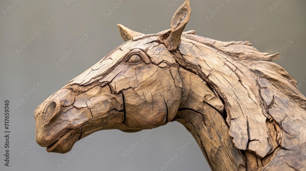 Naklejka premium A horse sculpture carved from wood. Wooden art object of an animal with many age cracks in the wood