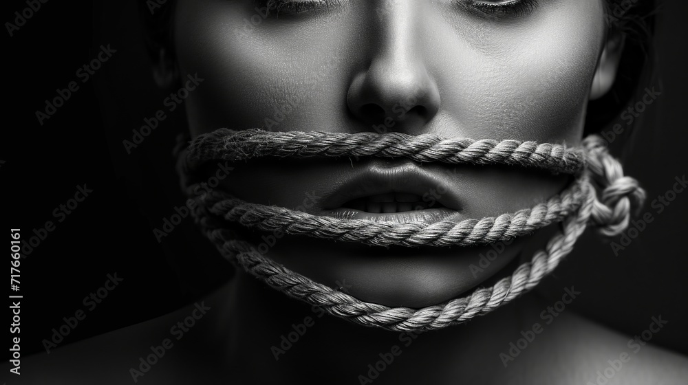 Black and white portrait of woman with mouth covered by ropes. Concept of freedom of speech, freedom of expression democracy feminism and censored - obrazy, fototapety, plakaty 