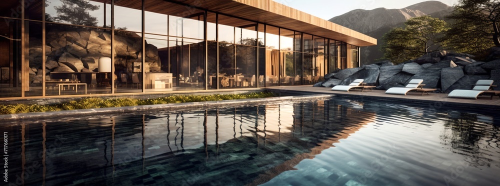 Luxury spa hotel with swimming pool and views of the natural landscape