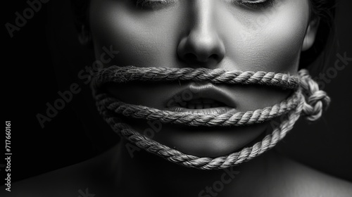 Black and white portrait of woman with mouth covered by ropes. Concept of freedom of speech, freedom of expression democracy feminism and censored