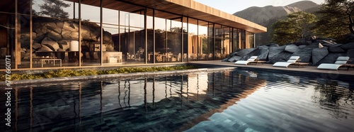 Luxury spa hotel with swimming pool and views of the natural landscape