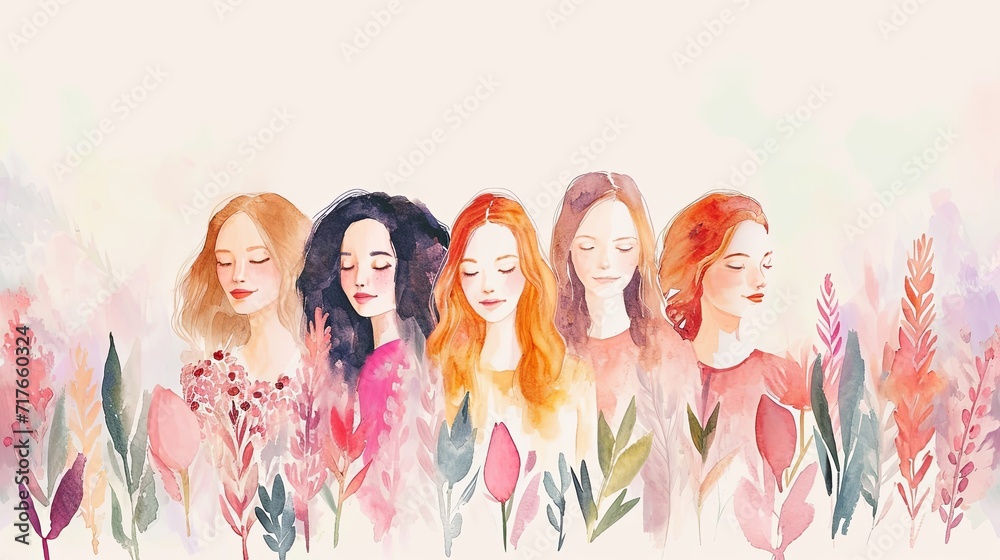 Happy women group for International Women's day , watercolor style illustration