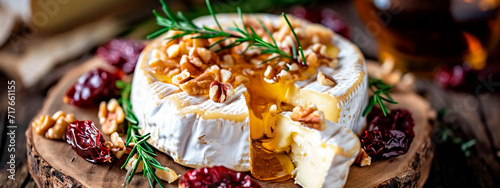 Camembert with honey and nuts. Selective focus.