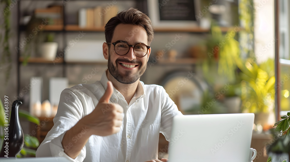 A satisfied businessman wearing glasses gives a thumbs up while using a laptop currently the office A satisfied businessman wearing glasses gives a thumbs up while using a laptop currently the office