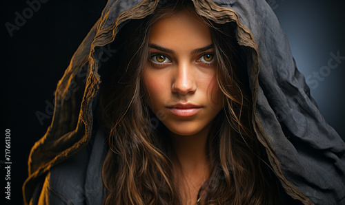 Mystical Portrait of a Young Woman with Hood, Ethereal Beauty Against Dark Background with Golden Accents
