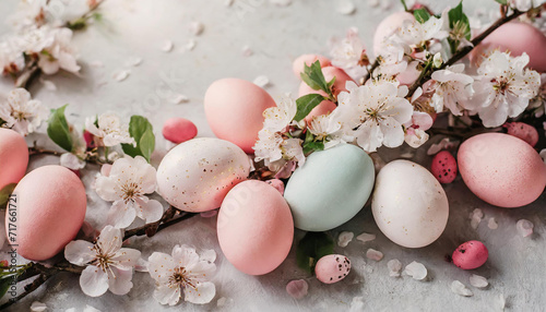 Vibrant pastel Easter eggs accompanied by spring blossom flowers on a gentle background. A festive border of pink-colored eggs