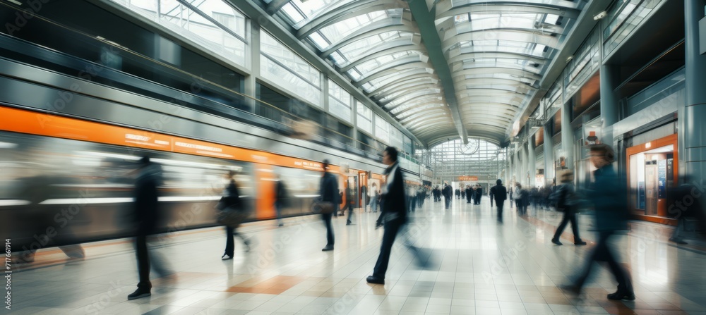 Train station people walking. Motion blur effect. Generative AI technology.	
