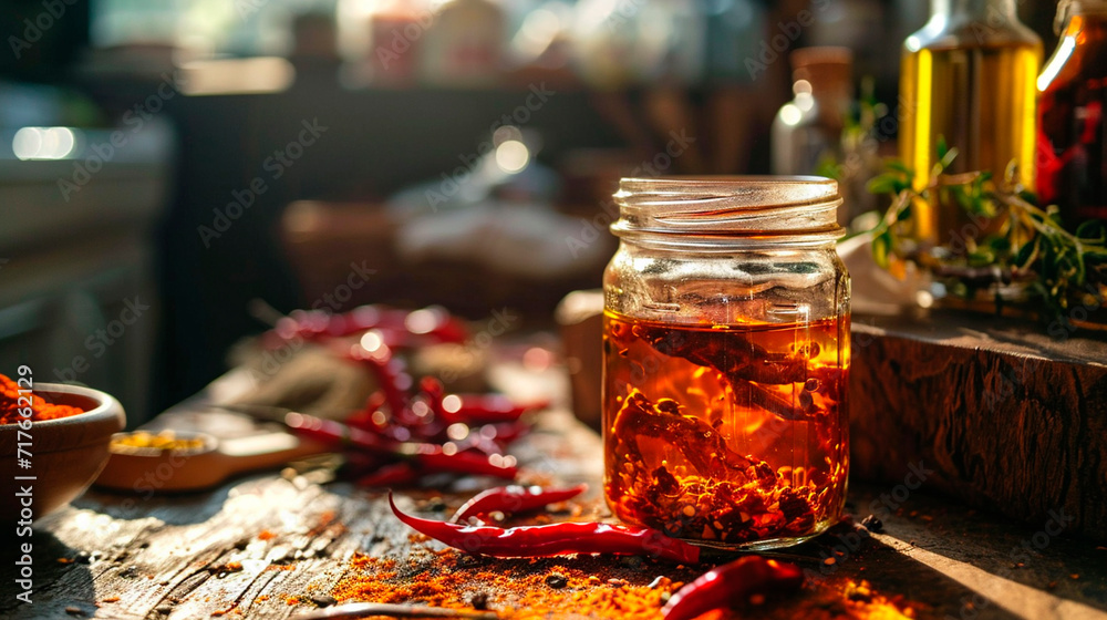 Chili oil in a jar. Selective focus. - obrazy, fototapety, plakaty 