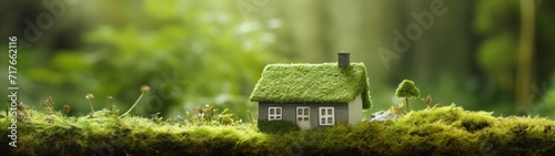 Green and environmentally friendly housing concept. Miniature house in spring grass, moss