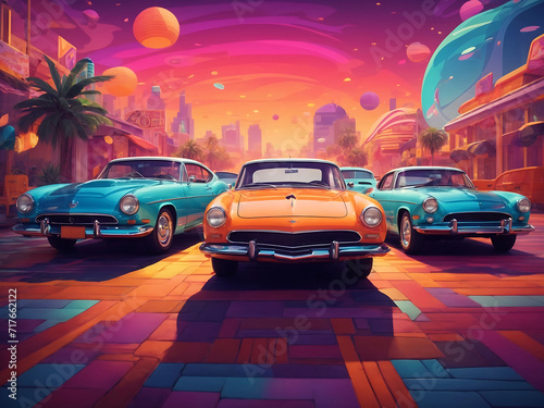 Psychedelic Spaces Flat Cartoon Illustration design of Cars in a Vibrant Vector Style Designs. © Mahmud