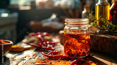 Chili oil in a jar. Selective focus. photo