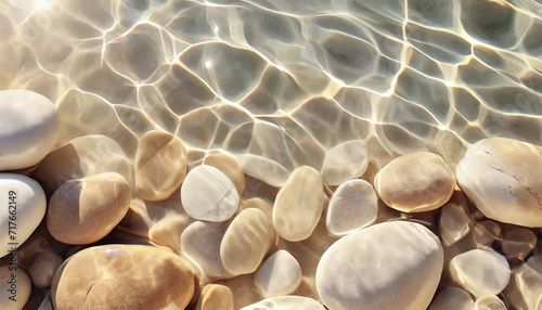 Top View of Smooth White Pebble Stones Beneath Transparent Water with Rippling Waves, Mimicking the Surface Pattern of the Sea Bottom