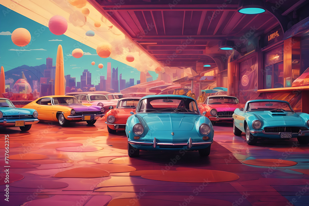 Psychedelic Spaces Flat Cartoon Illustration design of Cars in a Vibrant Vector Style Designs.