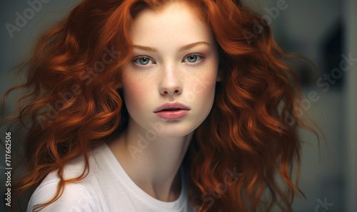 Surreal Portrait of a Young Woman with Lush Red Hair and Porcelain Skin