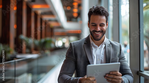 A young, prosperous Hispanic man uses a tablet computer app at work. He smiles and works with a laptop while wearing a business suit. He is delighted with his accomplishment