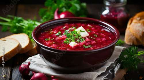 Traditional Ukrainian beet soup borscht on the table