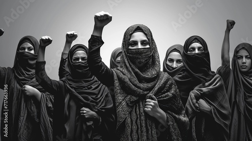 Women in hijab with raised fists as a symbol of fighting for rights, black and white banner