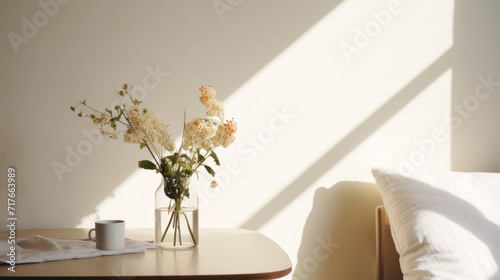 Neutral Minimalist lifestyle in Scandinavian style. Sunny day. Minimalistic interior  with a simple beautiful composition with flowers in vase.