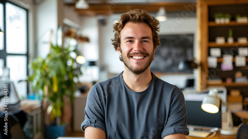 An image shows a happy young Caucasian man working in the office of a newly established business photo