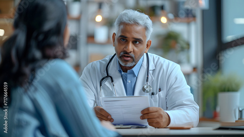An Indian male physician fills out a form while speaking with an elderly patient. At a clinic consultation, a senior doctor in a white coat is speaking with a mature woman and signing a medical docume photo