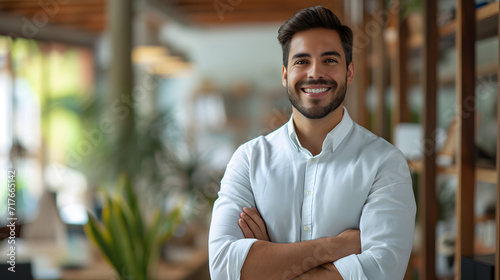 Arms crossed, a confident, wealthy, and cheerful young Latin businessman poses for a portrait at his office. Hispanic professional CEO, manager, and businessman with a smile as he looks away and muses photo