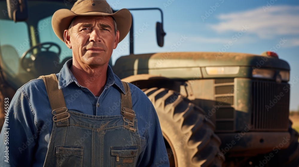 American middle age male farmer standing next to the tractor American middle age male farmer standing next to the tractor